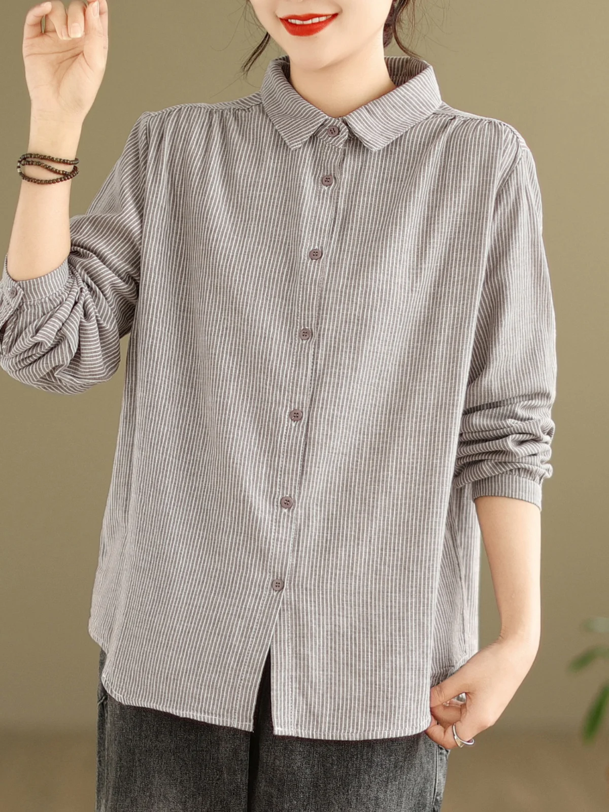 بلوزة نسائية كاجوال طويلة من القطن Sve بياقة مخططة وأزرار لأعلى وفضفاضة مناسبة للتنقل لربيع الخريف #2