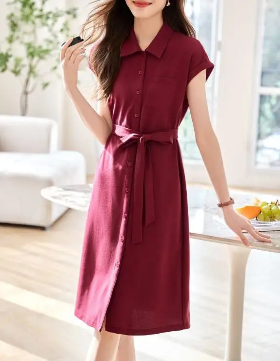 Vestido feminino de alta qualidade verão 2025, uma saia camisa casual elegante com temperamento emagrecedor
