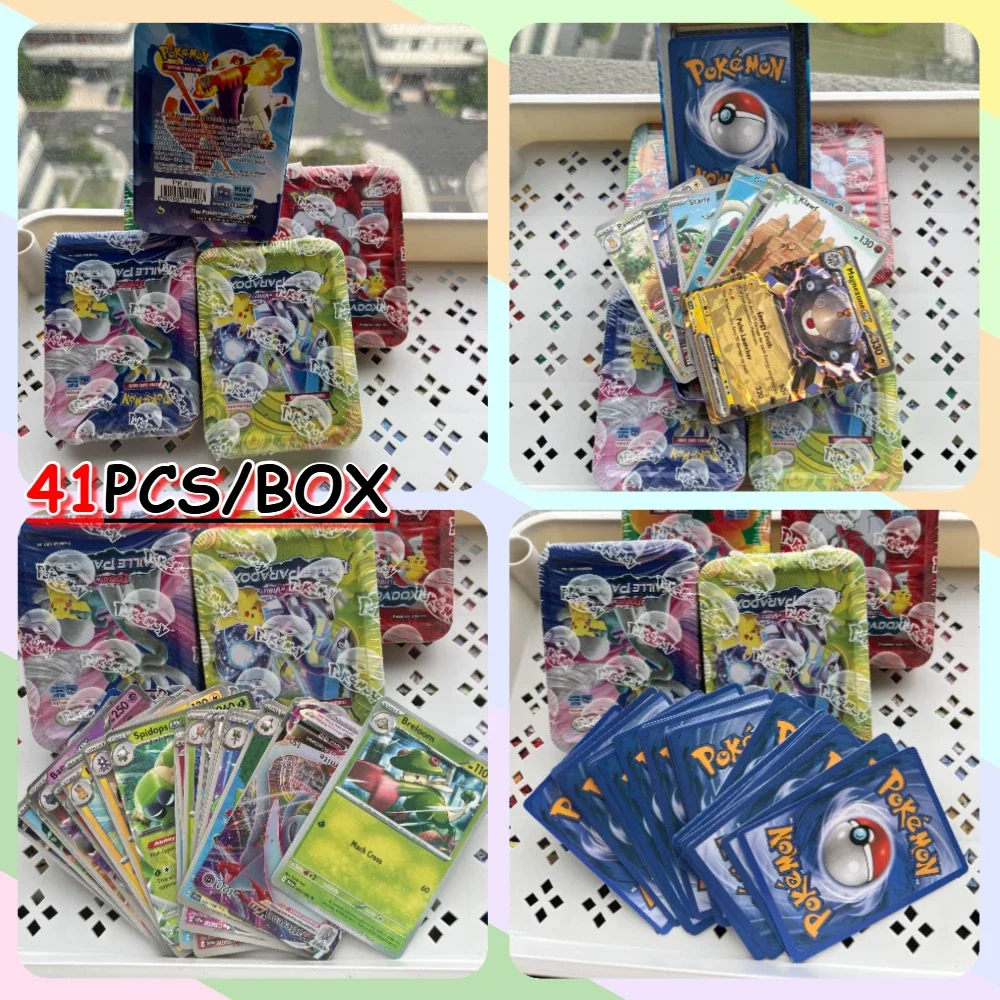 41/42/48/118 Uds nueva caja de Metal juguetes de batalla de Pokémon de hierro caja de Pokemons de origen perdido con juego de Pikachu cartas bancarias de Anime para niños
