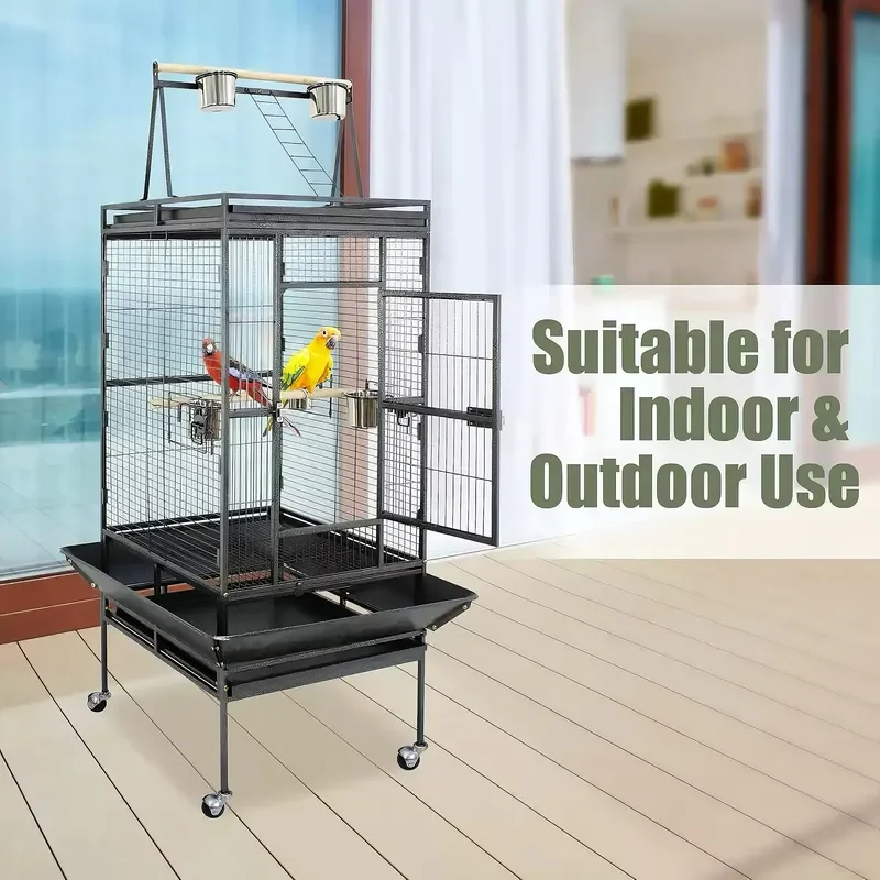 Large Iron Wire Bird Cage with Removable Casters and Plastic Tray Rectangle Parrot Accessory Set Push Pull Closure Durable