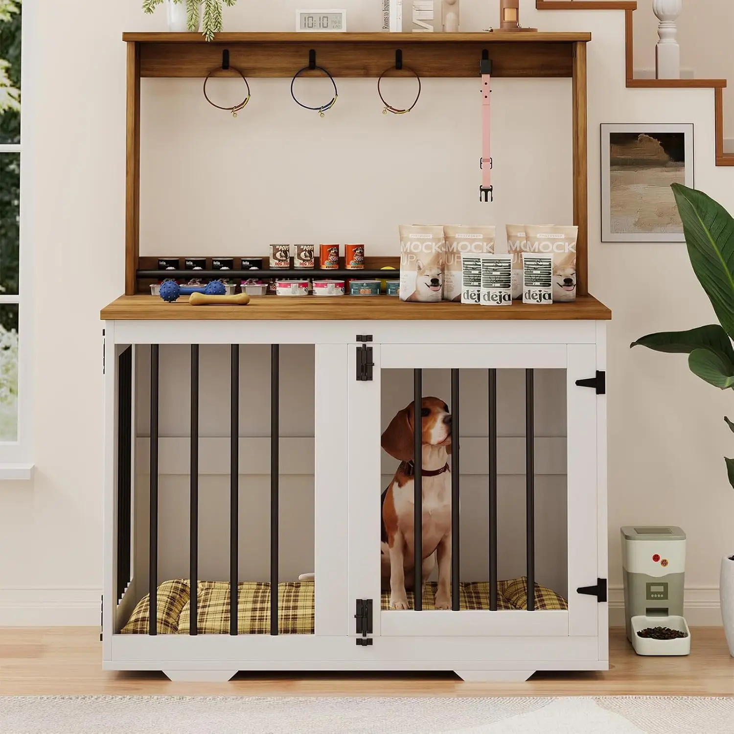Indoor Use, Wooden Dog Crate, White Color, with Storage Shelf and 4 Hooks for Small/Medium Dogs