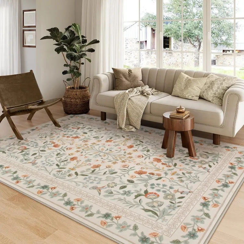 

Beige Floral Living Room Carpet Luxury Large Bedroom Bedside Non-slip Floor Mat Soft Machine Washable Coffee Table Rug Ковер 러그