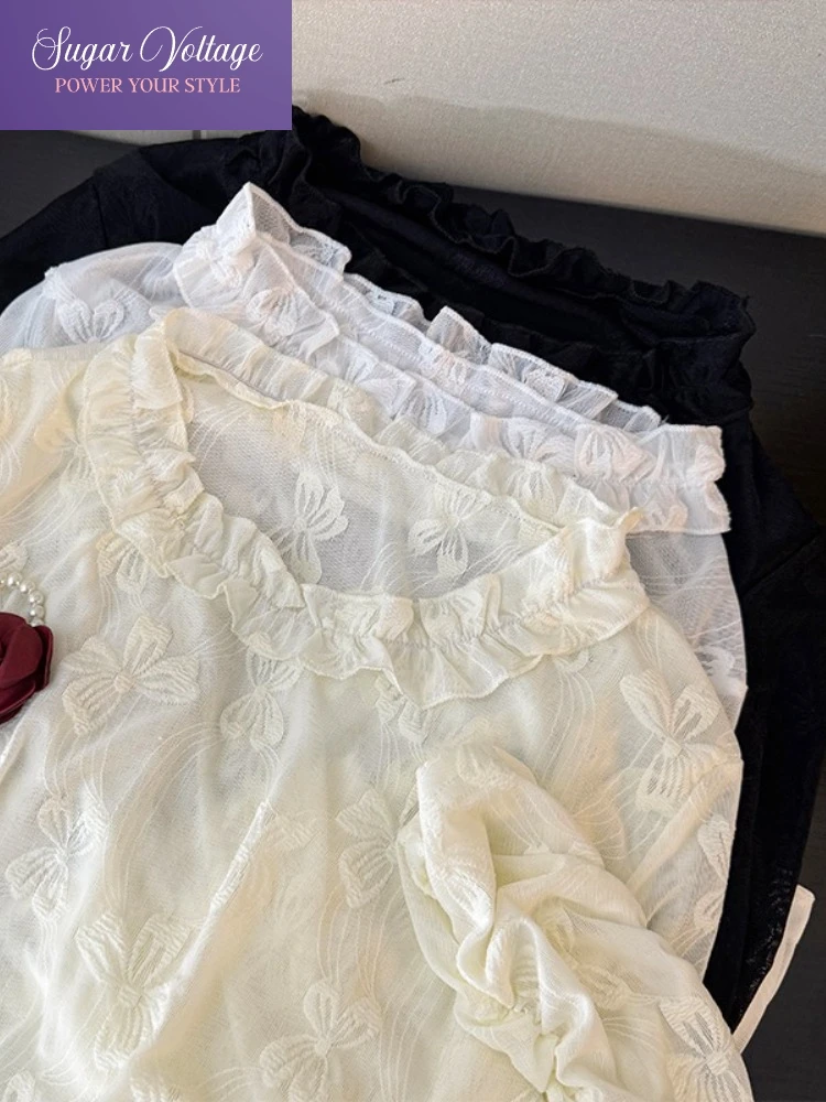 原宿ヴィンテージエレガントシックトップス女性スリムフィット長袖中空蝶シアーシャツカジュアルファッションオフィスレディブラウス