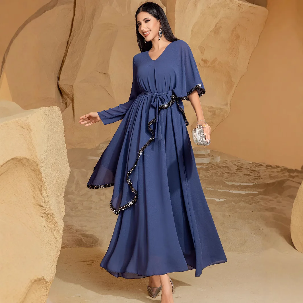 

Muslim New Fashion Women's Blue Solid Color Casual Trendy Elegant Simple Basic V-neck Long Sleeve Ankle Length Chiffon Dresses