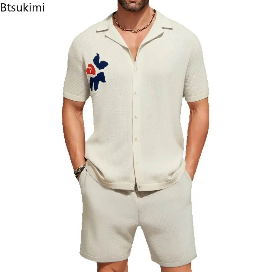 Fashion New Men's Summer Ice Silk Knitted 2-pieces Cuban Collar Short Sleeve Shirt and Shorts Male Beach Casual Vacation Outfits
