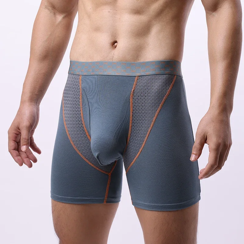 EUR Größe männer Boxer Shorts Unterwäsche Eis Seide Mesh Atmungsaktive Höschen Sexy U Bulge Pouch Mid-rise Lange bein Unterhose Homme