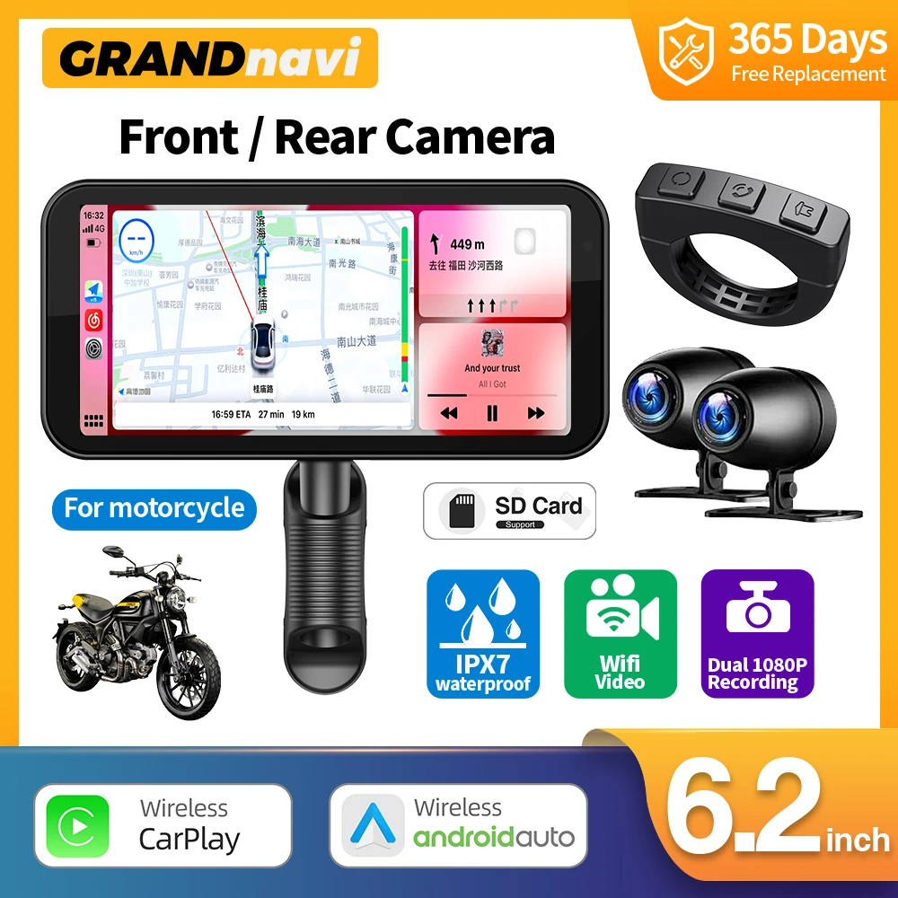 6.25inch Motorcycle Car Monitor GPS Navigation IPX7 Waterproof Wireless Android Auto Carplay Screen IPS Display Motorcycle Radio