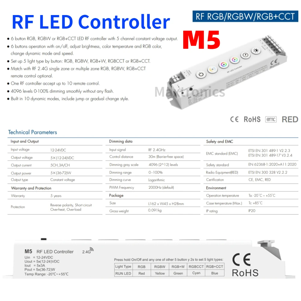 NEW Skydance 6 Button CV RF LED Controller M5 5CH*3A 0~·100% Dimmer for RGB RGBW RGBCCT LED Strip Light Tape Lamp12-24VDC