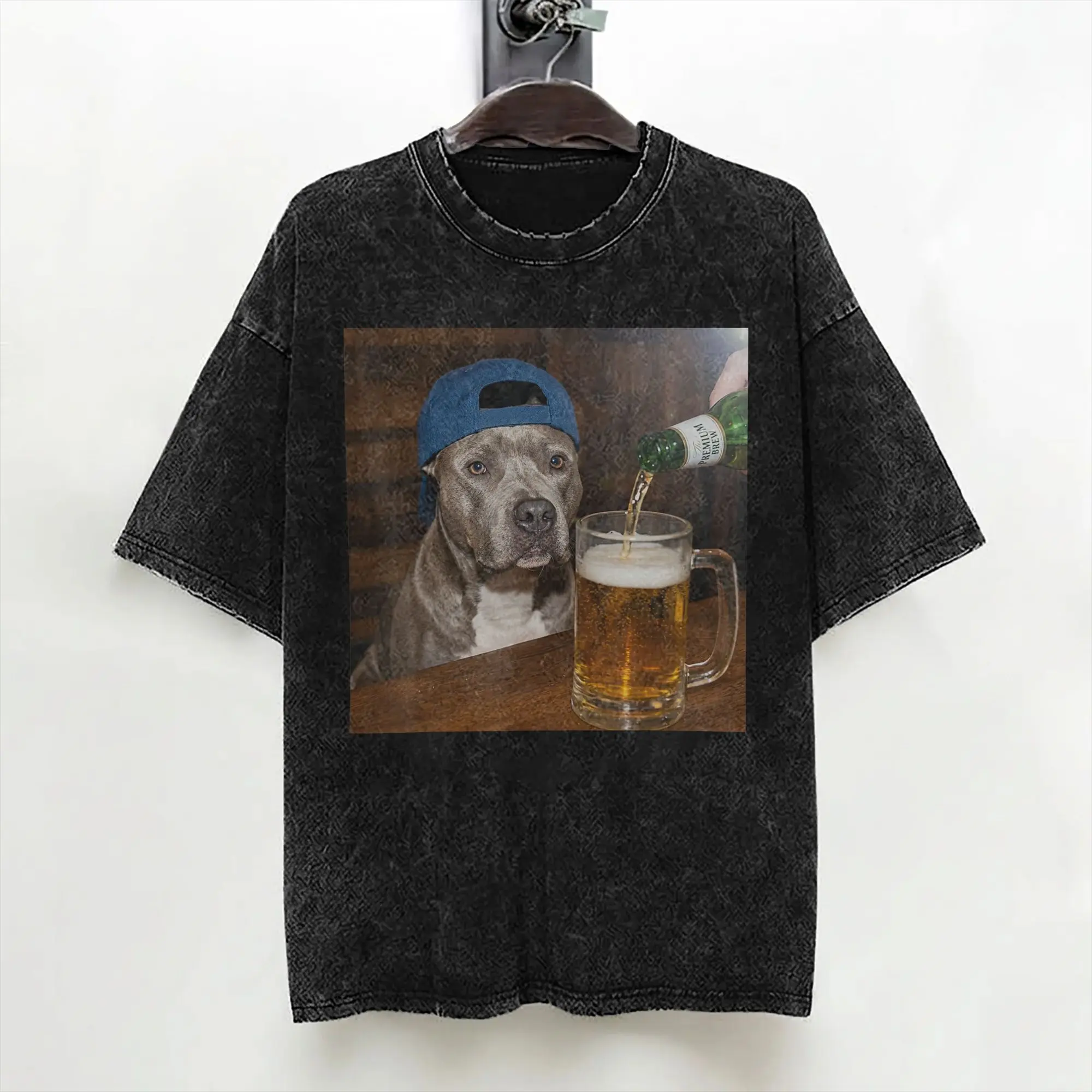 Pit Bull Drinking Beer Funny Dog T Shirt Hip Hop Washed Cotton Oversize T-Shirts Vintage Men Women Tops Streetwear Tee Shirt