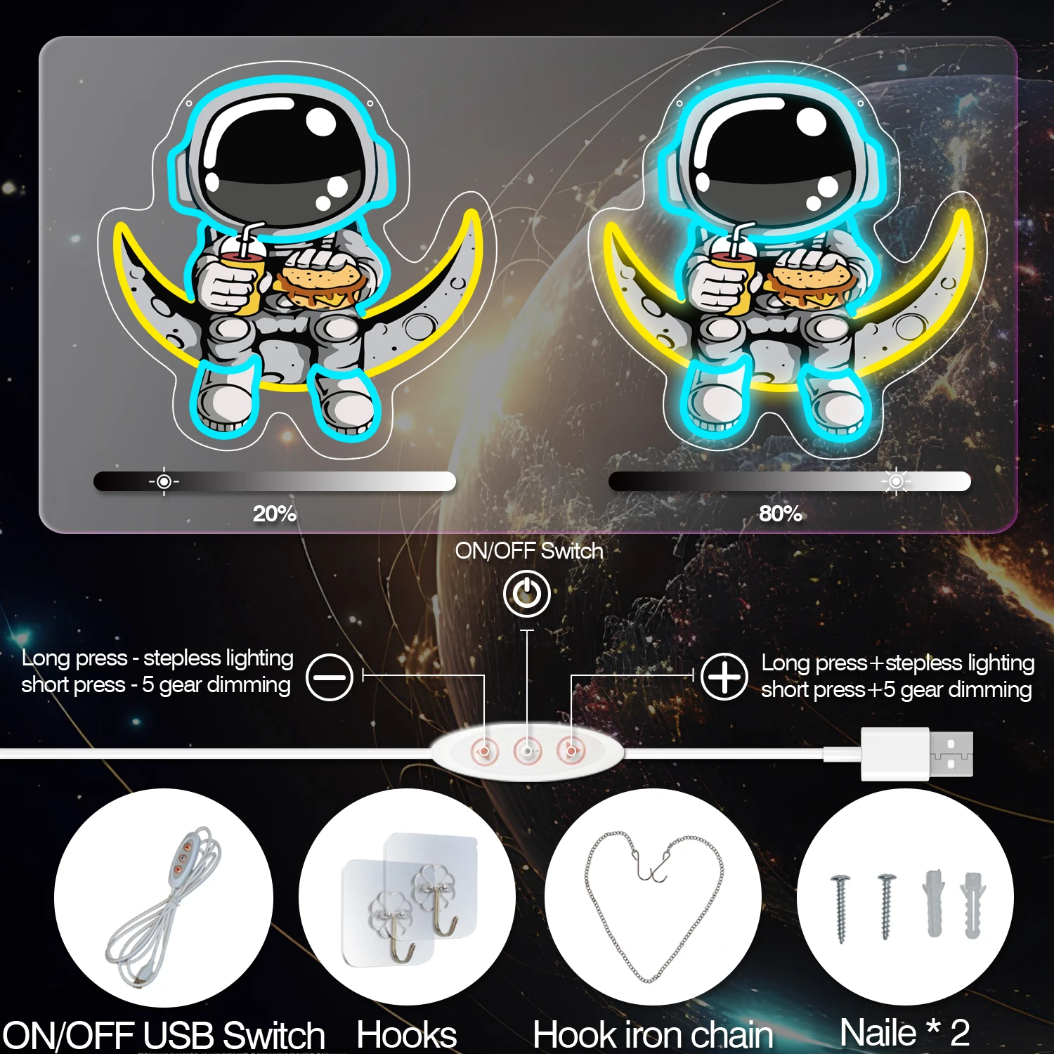1 Piece Astronaut Burger Neon LED Space Astronaut Neon, Wall Decoration, Dining Room, Game Room, Bedroom, Party Decoration