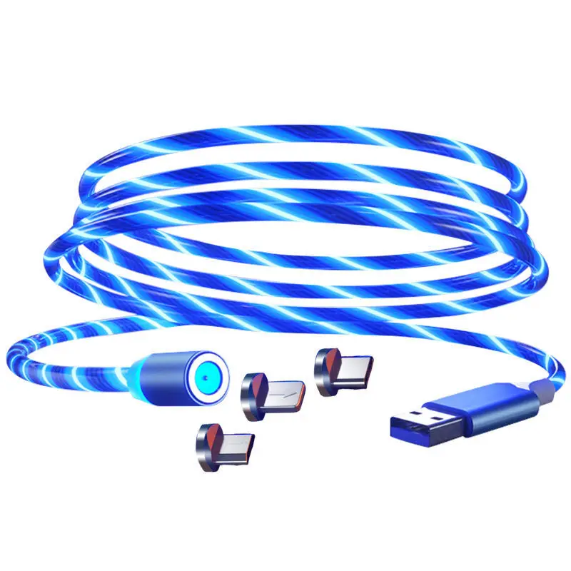 MVQF 2M Magnetic Flow Luminous Lighting Charging Mobile Phone Cable Cord Charger Wire For Iphone 14 Samaung LED Micro USB Type C