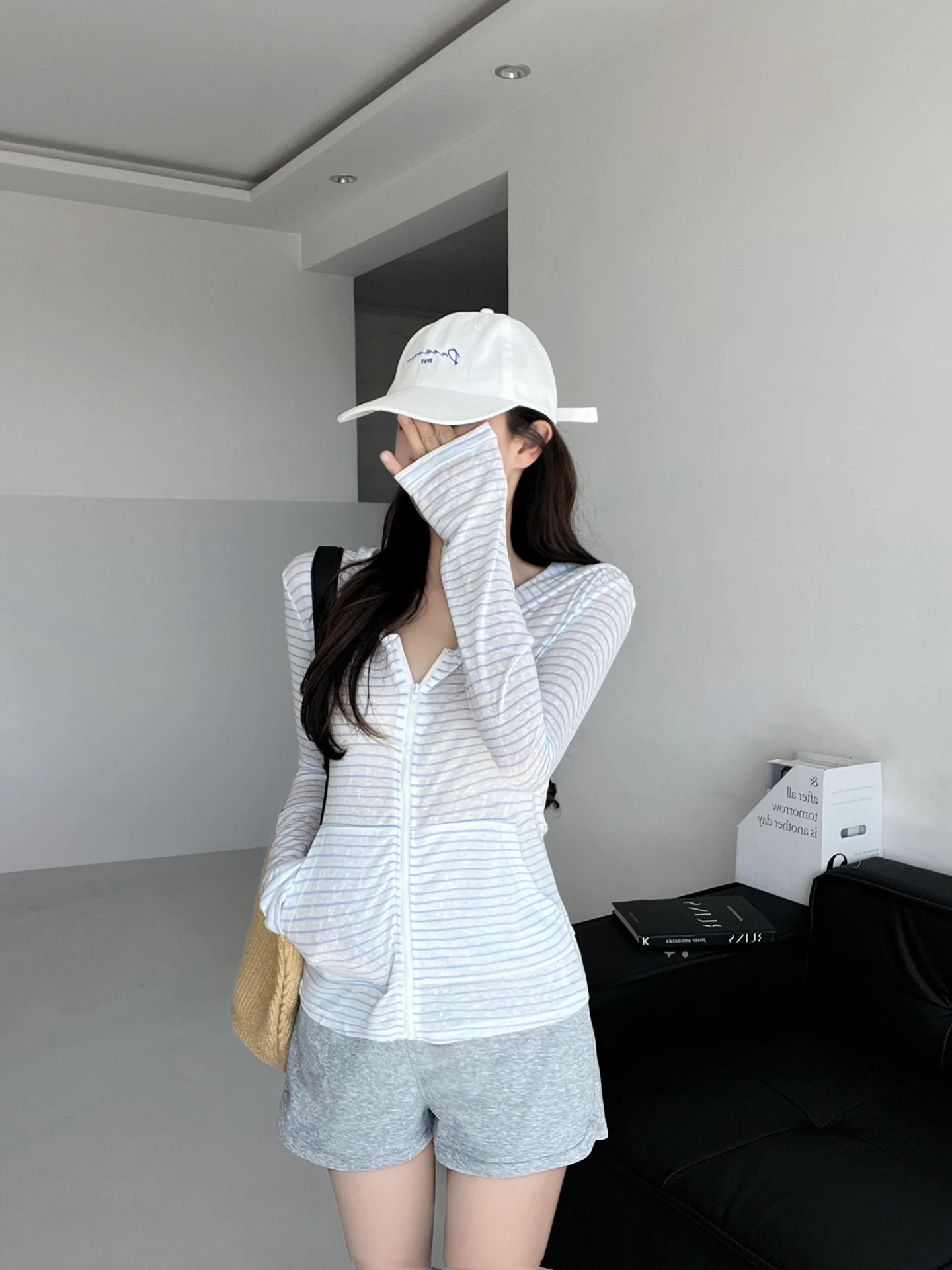 Ossigeno leggero Sweet Girl Stripe Long Sve Donna Primavera Autunno Sottile Allentato Dimagrante Traspirante Protezione solare Capispalla aperto...