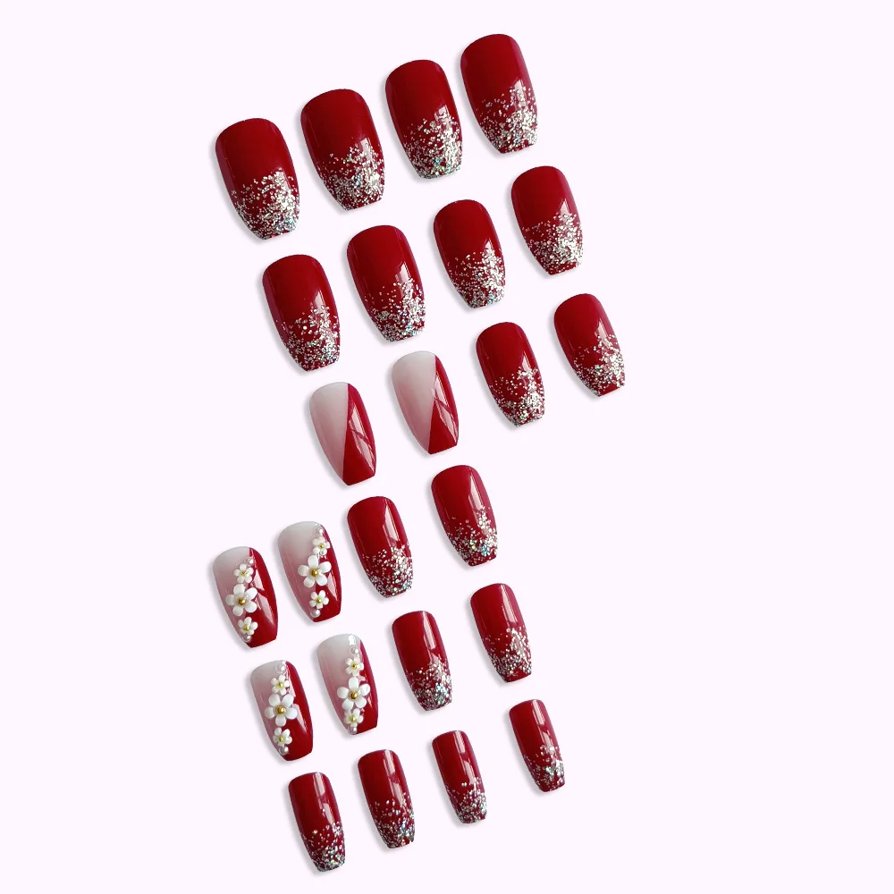 24pcs Glossy Red Press on Nails with White flowers Decor Coffin Head Fake Nails Full Cover Wearable Sweet Korean False Nails view 2