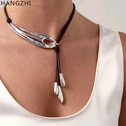 HANGZHI Punk Metal Feather Shaped Necklace Y-shaped Water Drop Tassels Pendant Rope Chain Vintage Funky Jewelry for Women Men