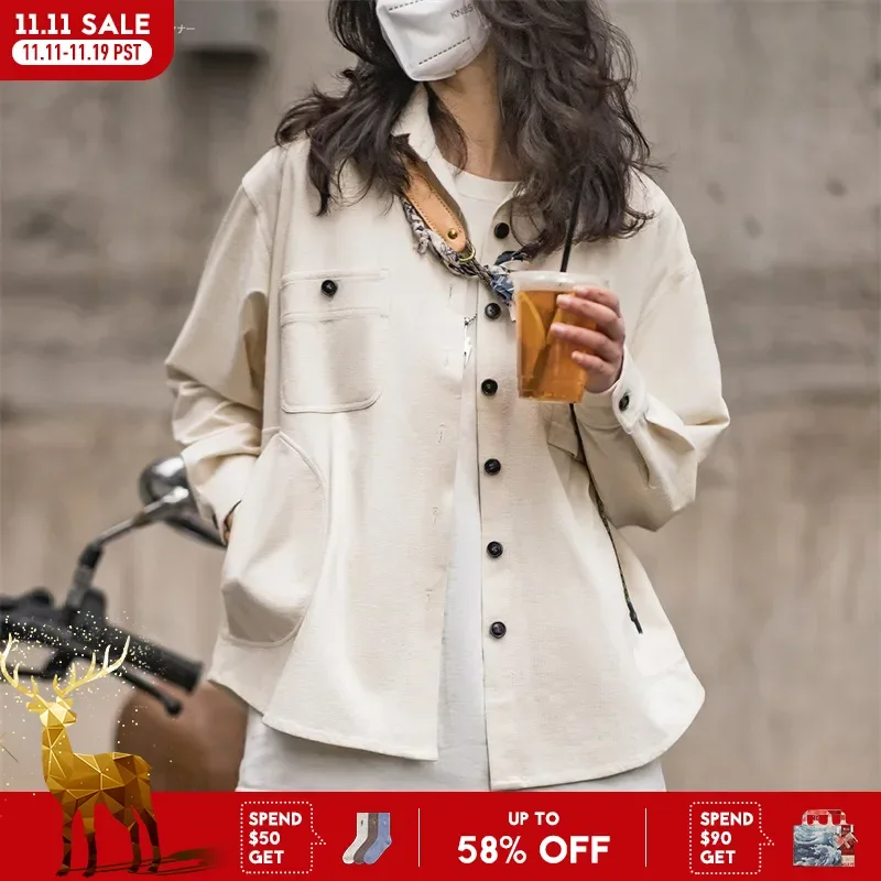 

Женская рубашка с карманами Maden, повседневная винтажная блузка большого размера с длинным рукавом, однотонная Свободная верхняя одежда, весна 2023