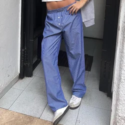 Combhasaki Womens Casual Cleanfit Striped Pants Elastic Low Waist Striped/Plaid Loose Aesthetic Trousers Streetwear with Pockets