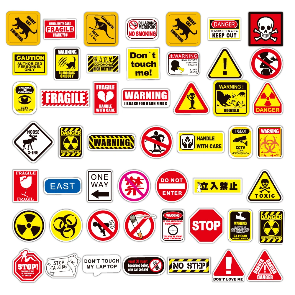 10/30/50/100PCS Warning Stickers Danger Banning Signs Reminder Decal Skateboard Phone Laptop Luggage Guitar Car Sticker Kid Toy