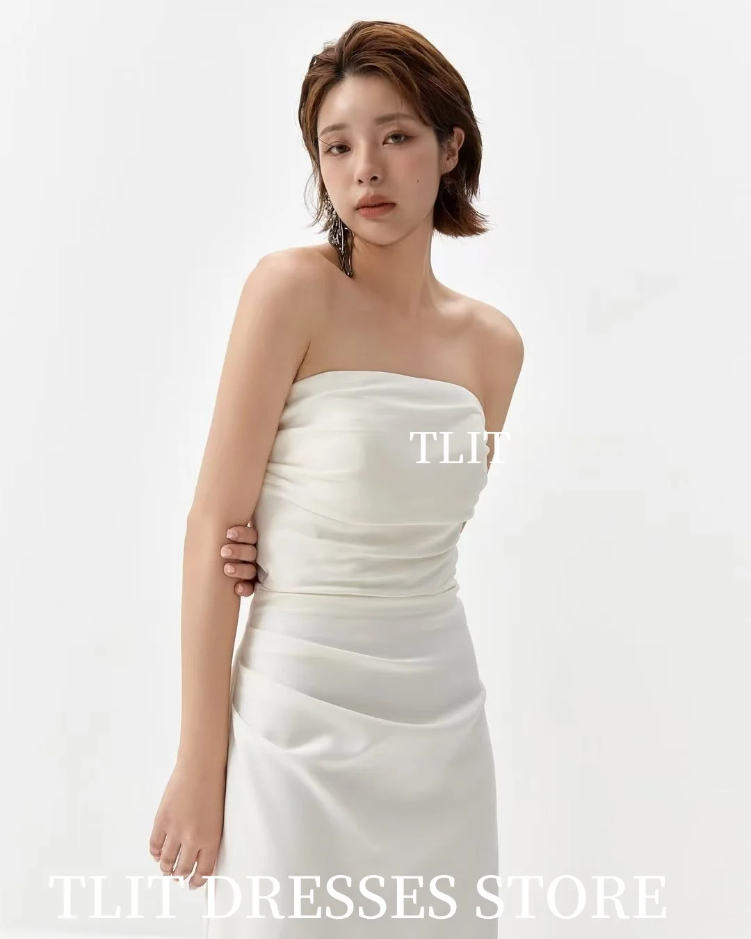 فستان زفاف بسيط من الساتان والحرير من TLIT بدون حمالات بدون أكمام فستان زفاف كوري فساتين زفاف تبادل لاطلاق النار حسب الطلب ستنساء
