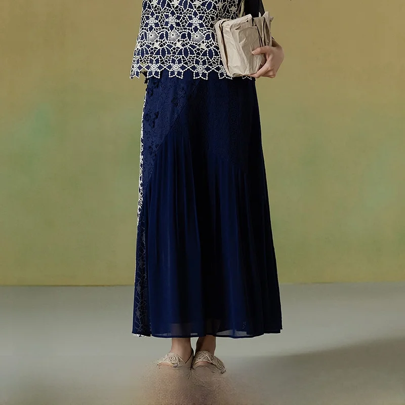 

Элегантная женская юбка А-силуэта из чистого хлопка с кружевной вышивкой и ажурными вставками, стандартный крой, длинная, для летнего сезона