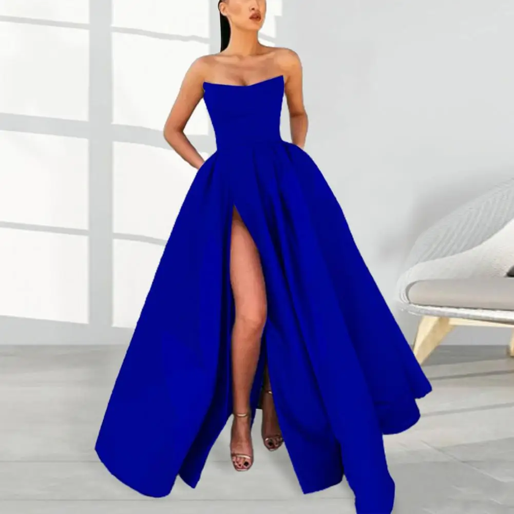 Slit Dress Elegant Off Shoulder Evening Gown with High Split Pleated A-line Design for Wedding Prom Special Occasions Tube Top