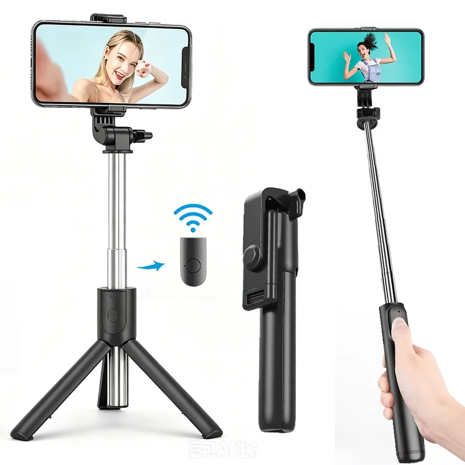 3 in 1 블루투스 무선 셀카 삼각대(필 라이트 셔터 포함) 원격 제어 휴대용 접이식 모노포드 아이폰 셀카 스틱용