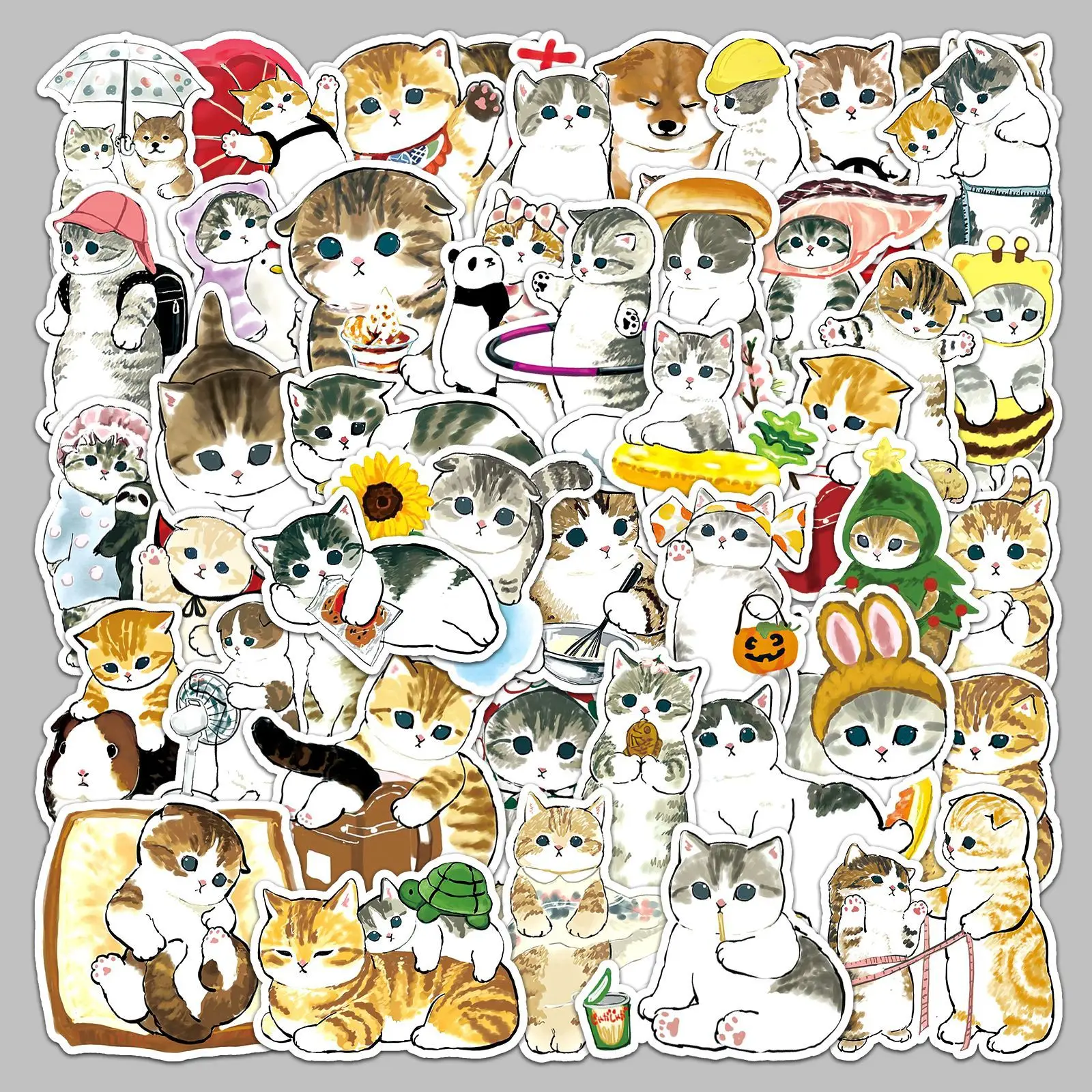 50 Pcs Cartoon Cats Hand Draw Stickers Creative Cute Animal Pets Cat Meme Waterproof Sticker Notebook Refrigerator Decoration