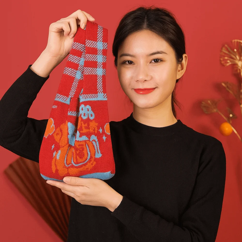 Cute 2026 Year of the Horse Horse Knot Wrist Bag Weave Chinese style Tote Bag Handmade Reusable New Year Knitted Bag Student