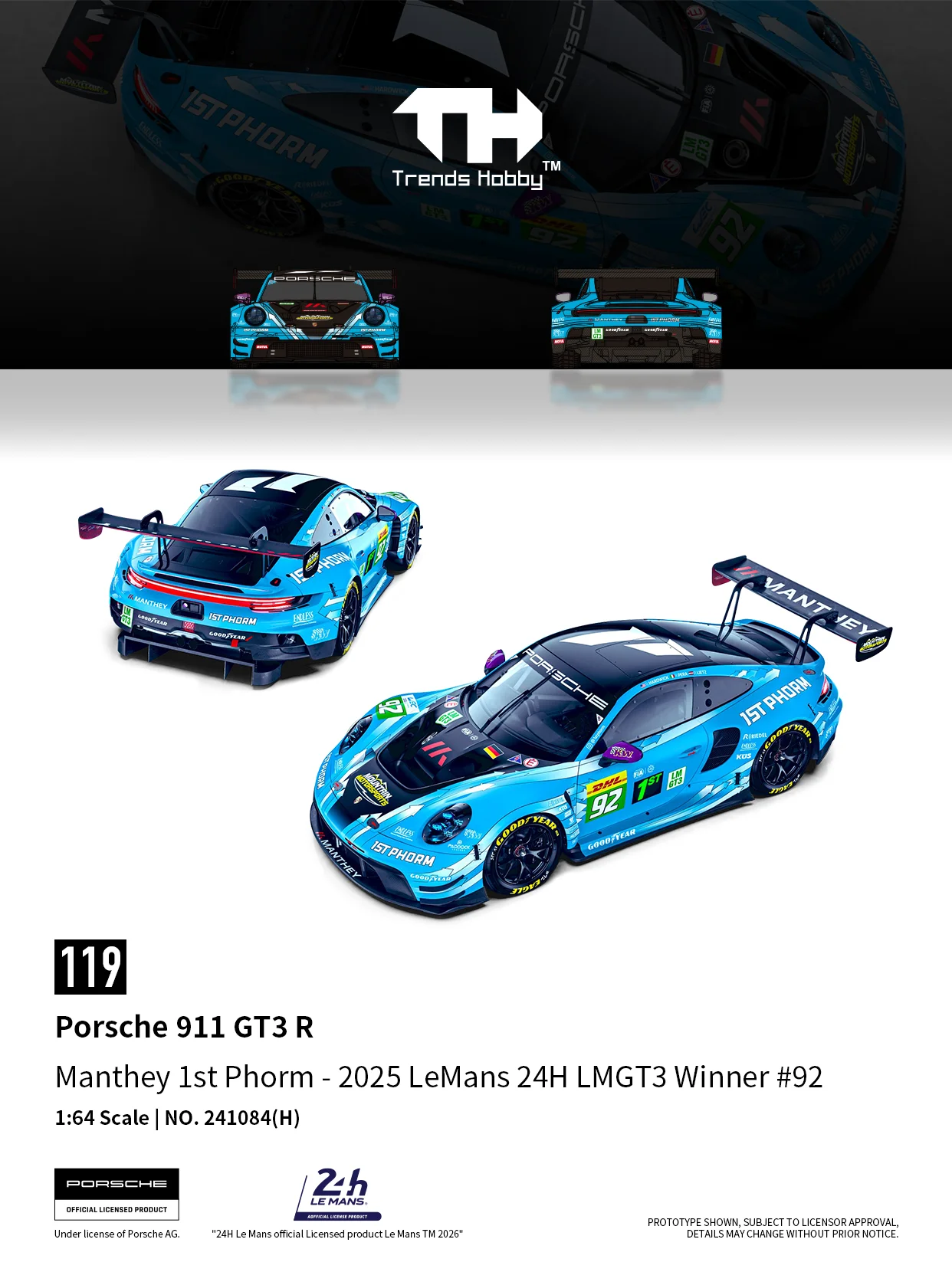 

Trends Hobby 1/64 Porsche 911 GT3 R 2025 LeMans 24H LMGT3 Racing Miniature Model Toy Car Free Wheels Diecast Collection Gift