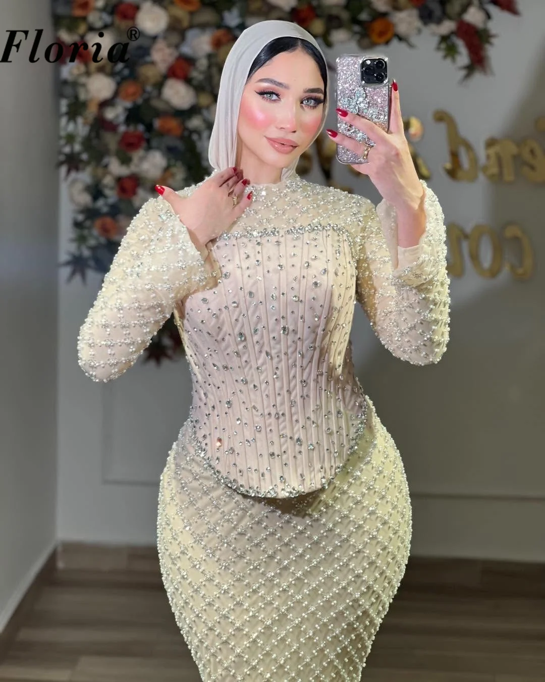 Arabic Light Champagne Party Gowns Customized Beaded Crystal Evening Dress Dubai Woman Wedding Engagement Gowns Prom Gown Robes
