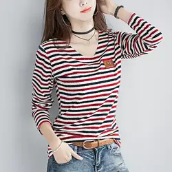 Spring Autumn Slim Striped Pullovers Korean Patch Designs Women's Clothing Long Sleeve Elegant Casual O-Neck All-match T-shirt