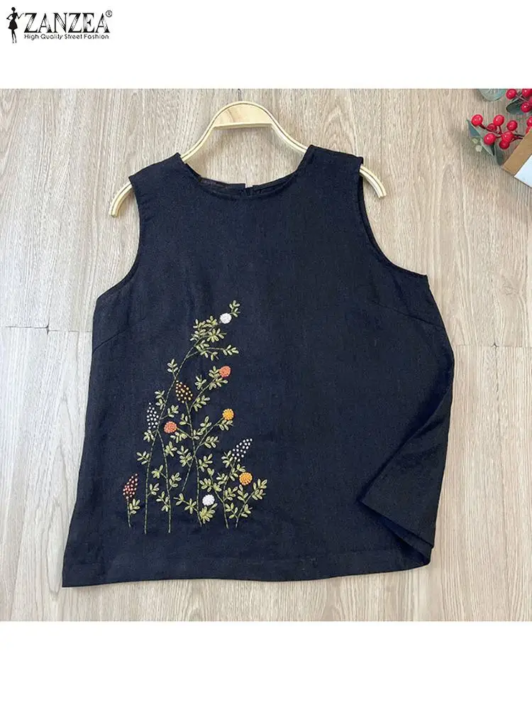 ZANZEA Summer Floral Embroidery Tanks Tops Women Vintage Blouse Fashion Casual Loose Holiday Shirt Female Bohemian Blusas Camis