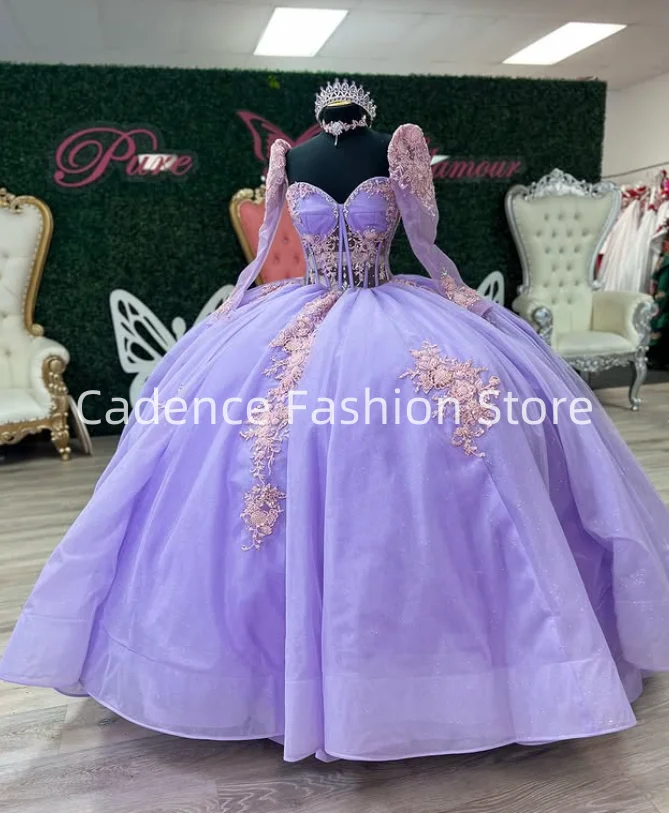 Personalizado elegante lilás roxo princesa manga longa espartilho quinceanera vestido de baile 15 anos festa de aniversário renda apliques