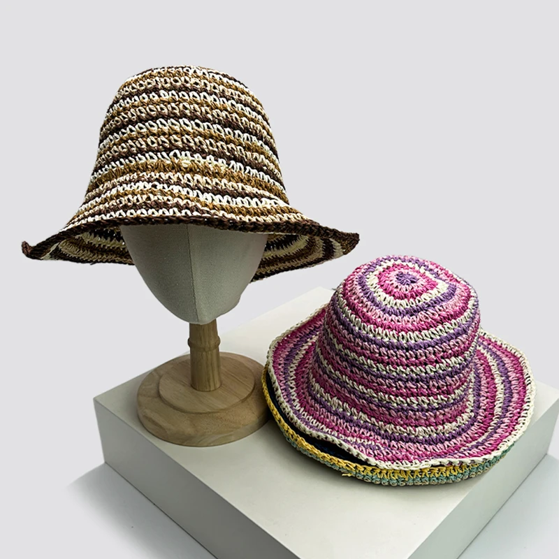 

New Women Bohemian Striped Bucket Hats Sunshade Outdoor Breathable Travel Versatile Beach Straw Caps Fashion Personal Niche ins