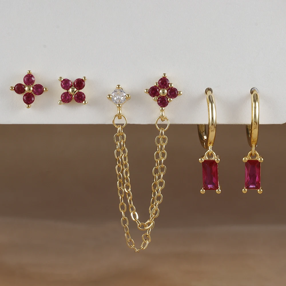2PCS Stainless Steel December Birthday Stone Square Hanging Earrings Cubic Zirconia Chain Flower Dangle Earring Piercing Jewelry