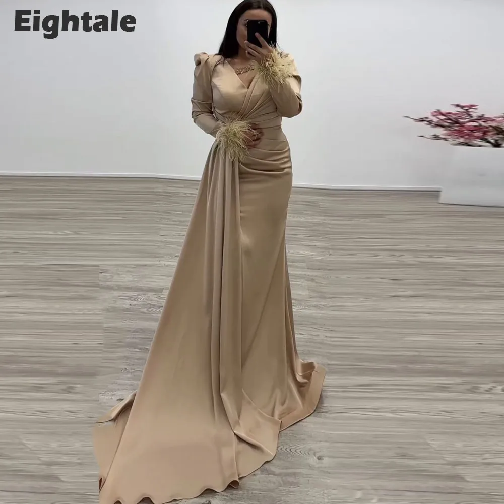 

Eightale Arabic Evening Dresses Champagne Long Sleees Mermaid Prom Wedding Party Gown Satin with Feather Bead vestidos de noche