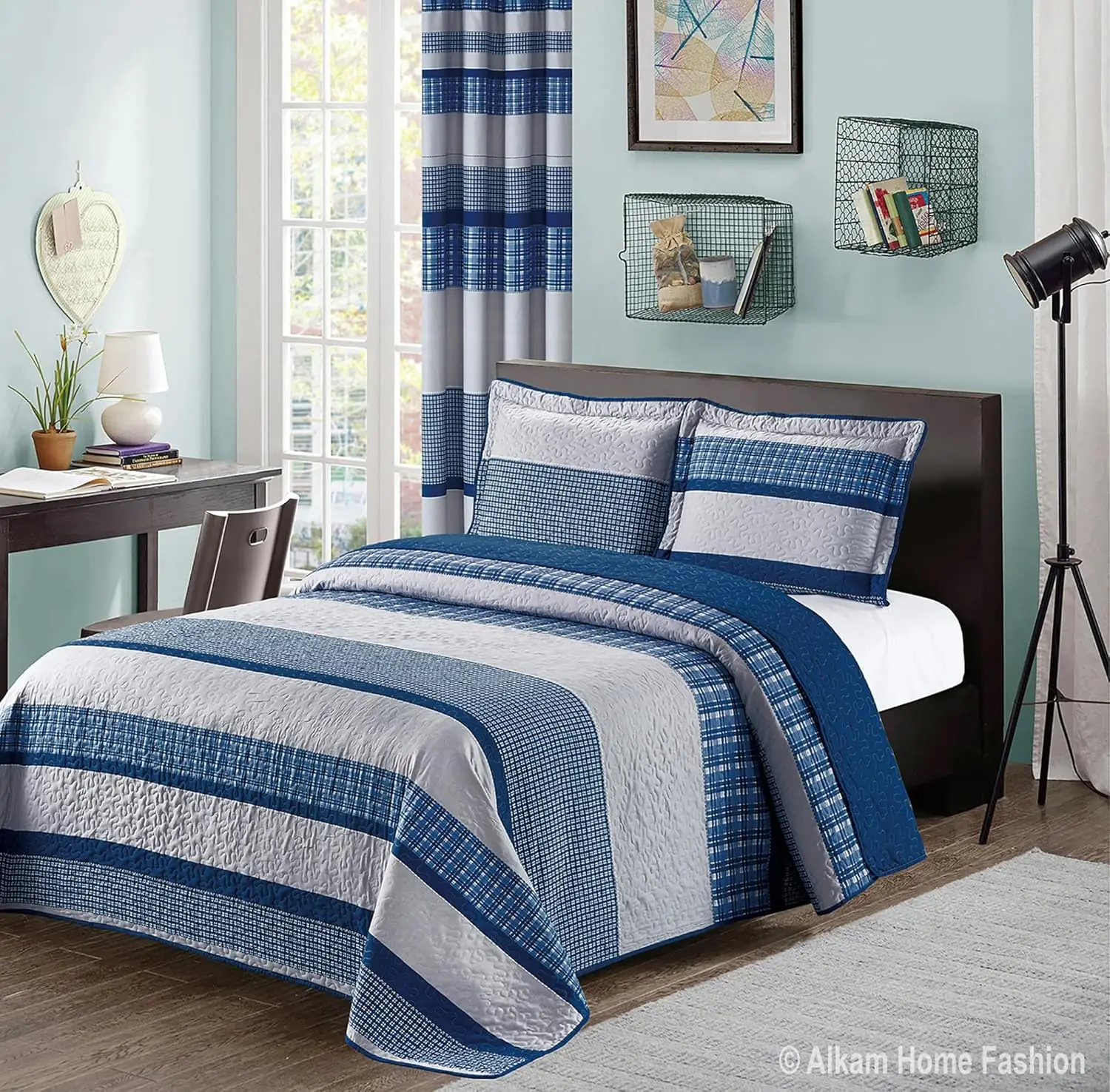 3-Piece Queen Plaid Bedspread Set, Blue and Gray Modern Design with Pillow Shams, Matching Curtains Available