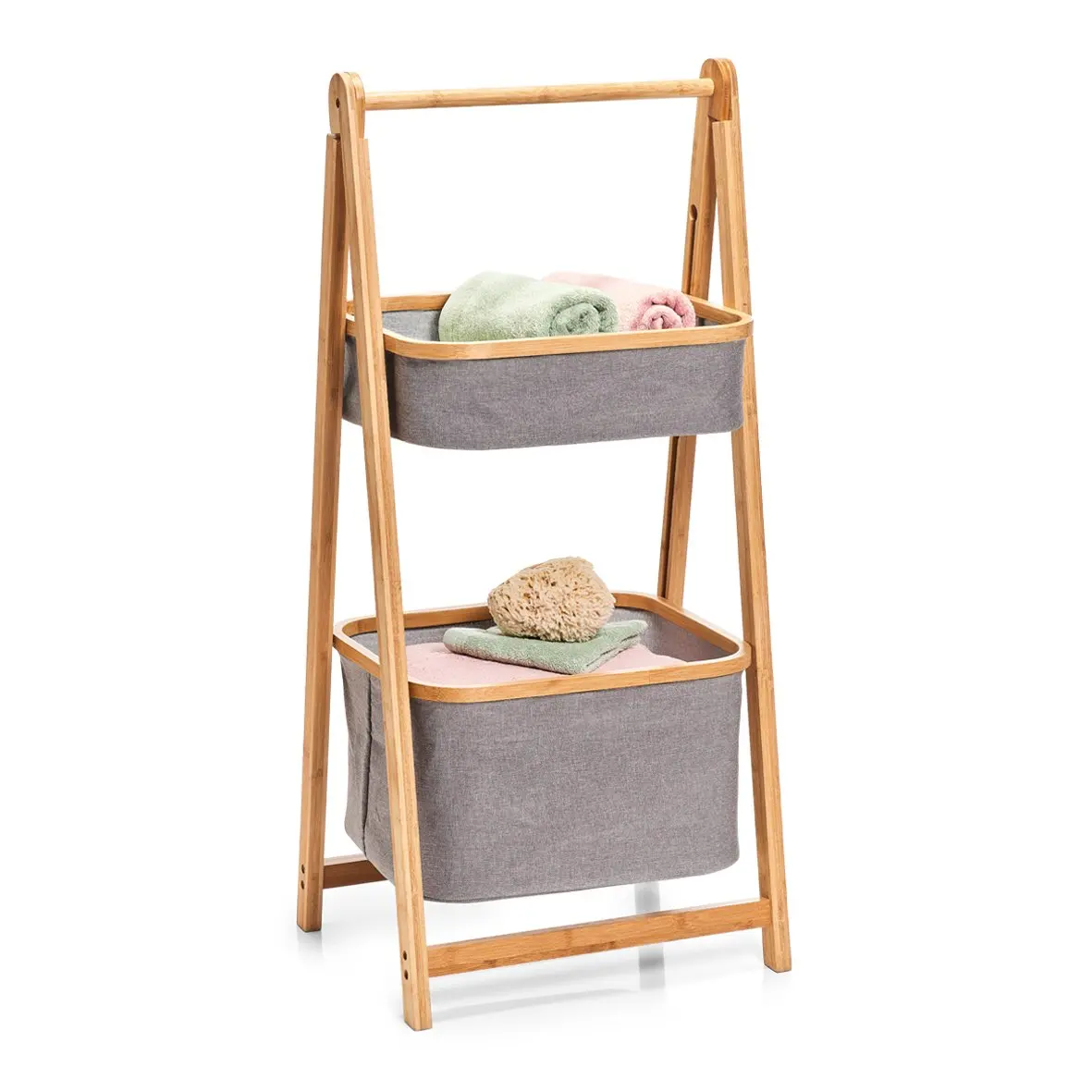 Folding Laundry Basket Sorter Bamboo Hamper Standing Storage Tower Shelf Ladder Organizer Shelves for Bedroom Laundry Room