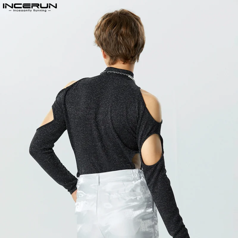 2023 Men Bodysuits Solid Shiny Turtleneck Zipper Long Sleeve Hollow Out Sexy Male Rompers Streetwear Fitness Bodysuit INCERUN