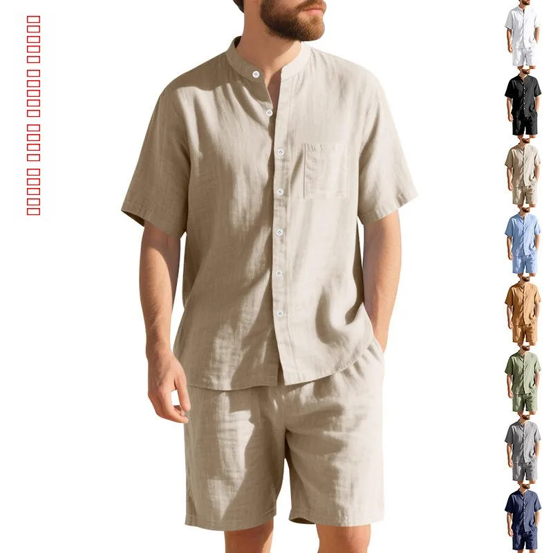 

Льняной гавайский летний комплект для мужчин: рубашка и шорты с воротником Хенри, пляжная одежда с коротким рукавом, летний наряд для мужчин