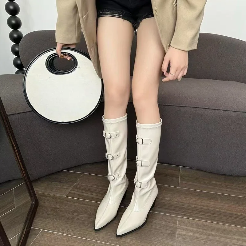 2025 Pointed High Heels Western Cowboy Fashion Boots Belt Buckle Knight Boots