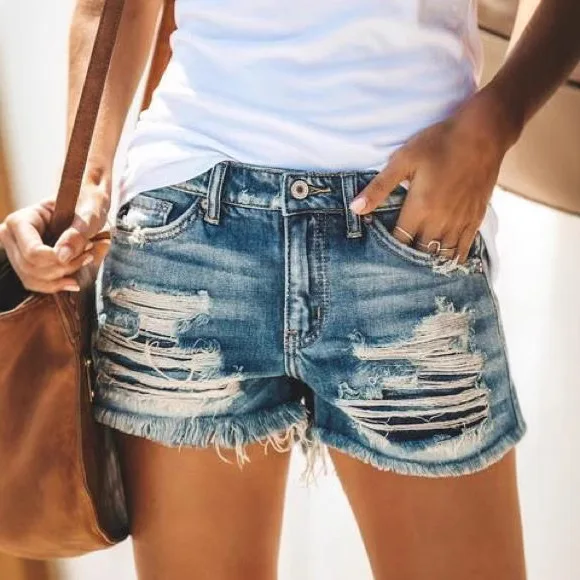 Fashionable Summer Frayed Hem Denim Shorts Women's Straight Leg Natural Waist Folded Fabric Dirty Pink Cross-Border Shorts