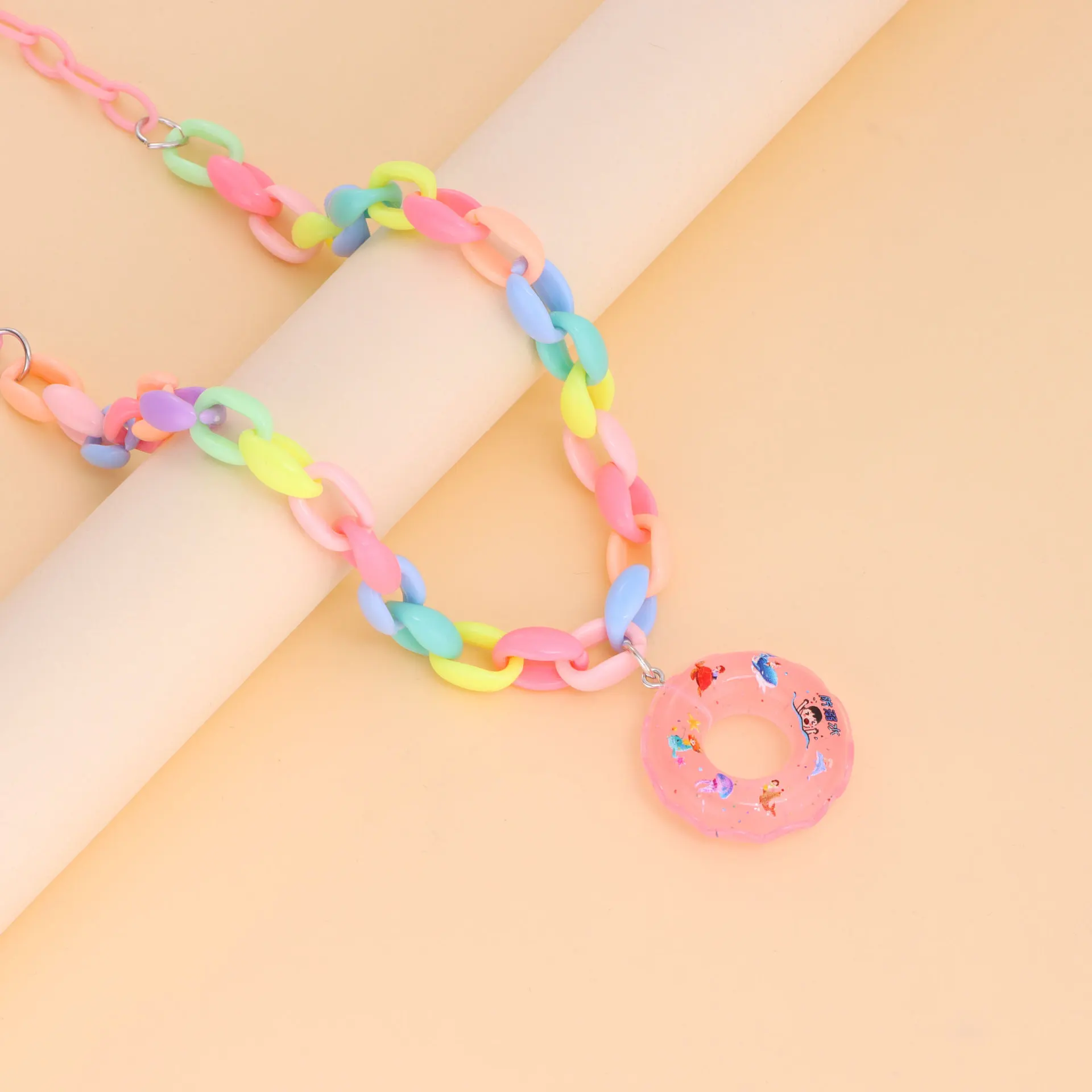 Collar de Color macarrón a la moda para niños, colgante de cadena de clavícula con forma de Donut de resina, joyería para niñas, regalo de cumpleaños para fiesta de Navidad