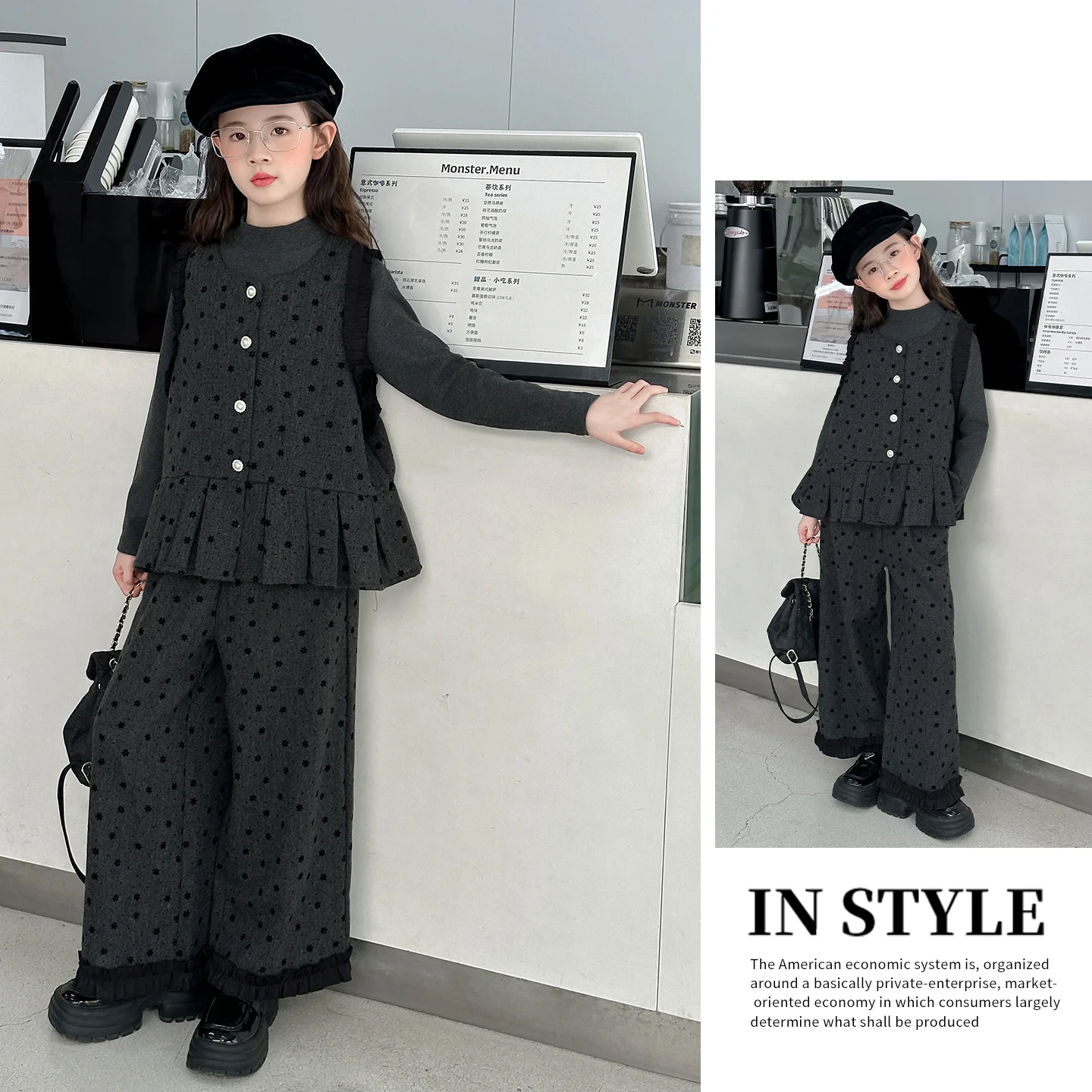 Cute Girls Autumn Sets Shirt Long Pants Polka Dot Pleated Vest Three-piece Autumn Set Children's Clothing Outfit for Teens Girls