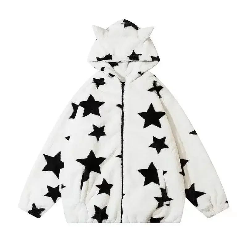 Harajuku Lamb Coat Jackets For Women New American Demon Star Print Velvet Thickened Suede Hoodies Goth Y2k Women Clothing