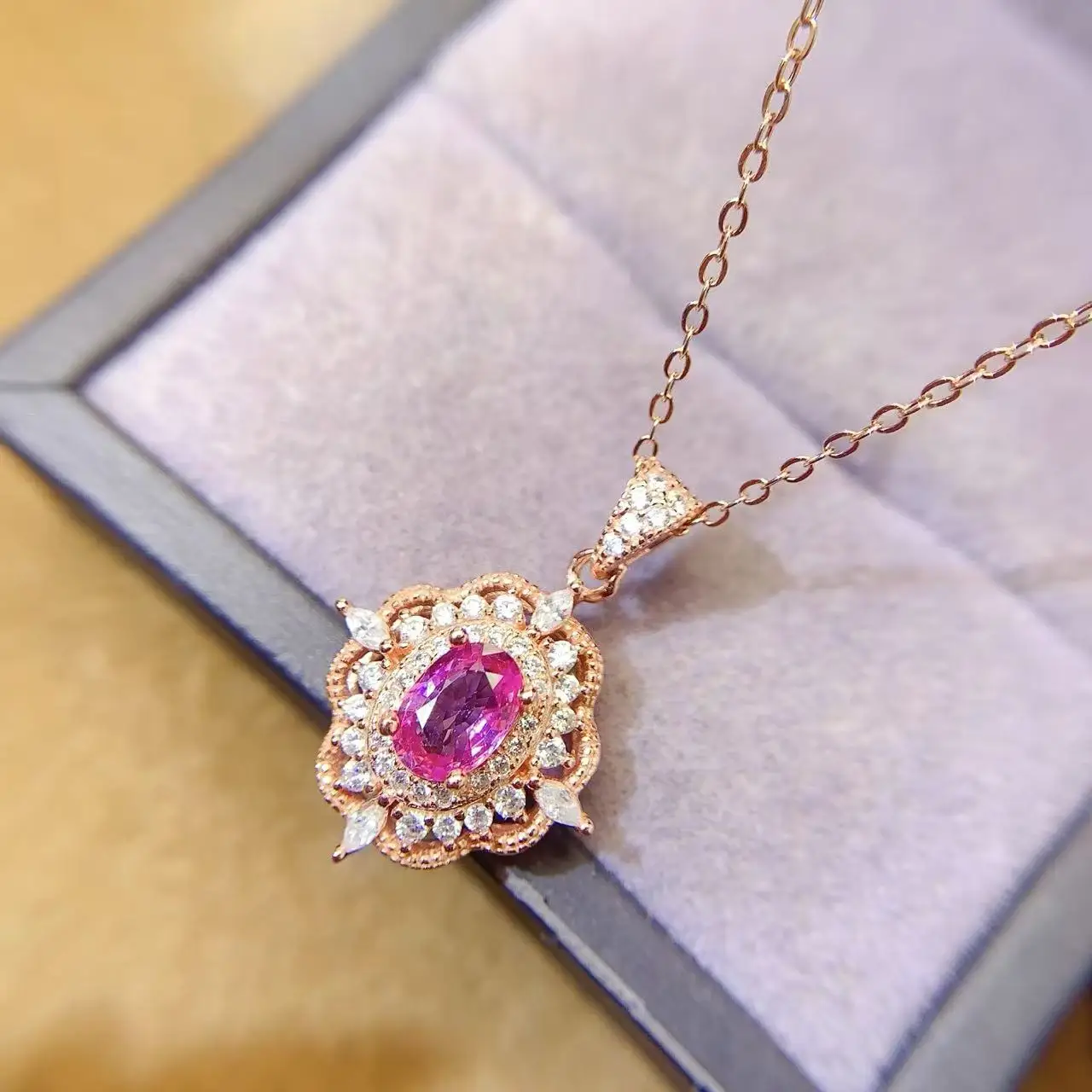 

LOW MOQ 925 Sterling Silver Natural Pink Sapphire Luxury Statement Minimal Long Necklace Pendant for Women Jewelry Wholesale