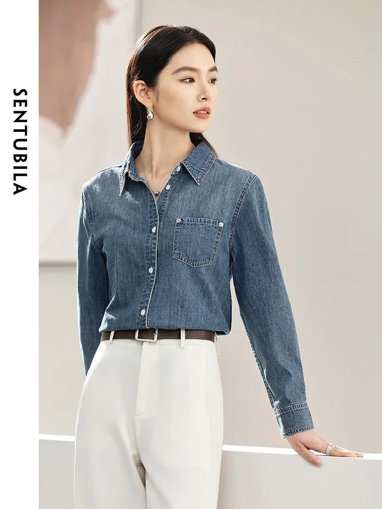 

SENTUBILA Denim Shirt for Women Spring 2024 Korean Fashion Long Sleeve Tops Casual Button Up Shirt Jacket Outerwear W41C53537