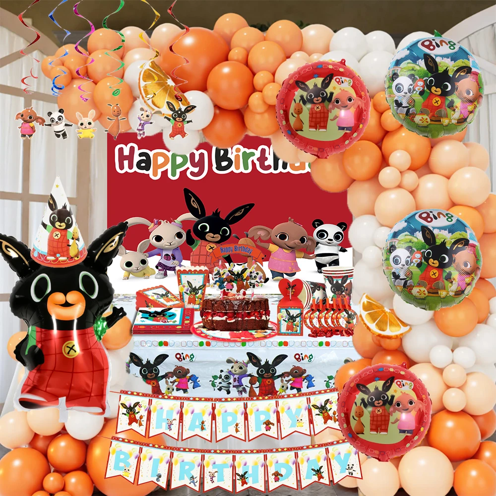 

Cute Cartoon Black Rabbit Birthday Party Decorations Animal Backdrop Disposable Tableware Red Foil Balloons Banner Cake Toppers