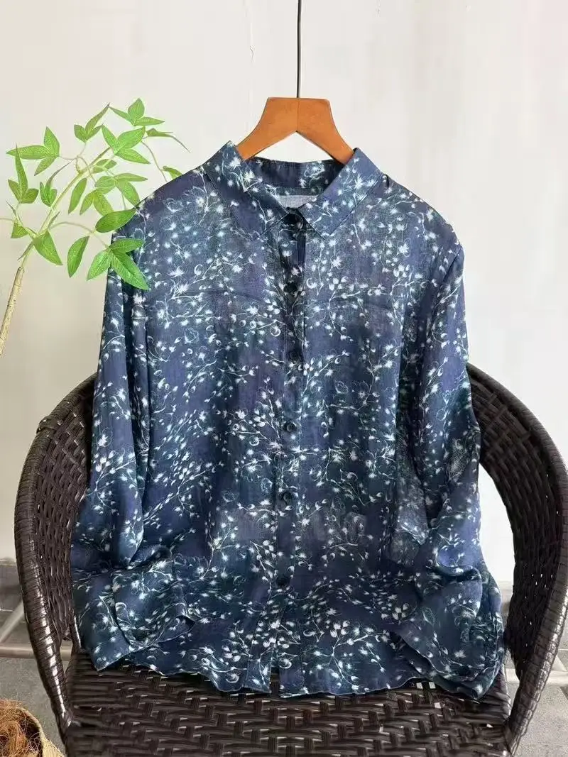 

100% Ramie women's blouses and shirts Mexican style vintage ethnic blue Paisley print shirts women ethnic long sleeve tops