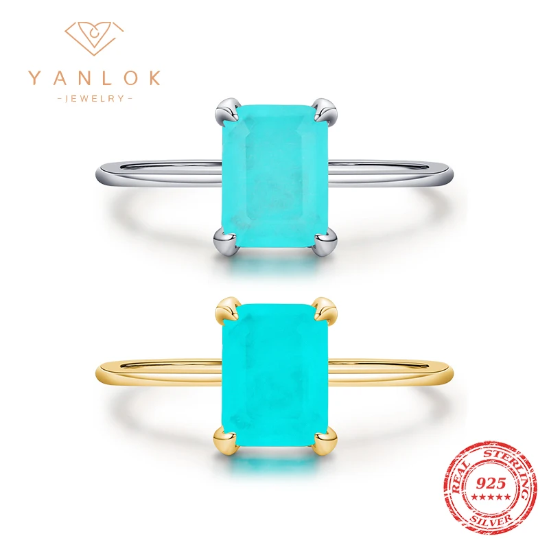 YANLOK Luxury Paraiba Tourmaline Ring 925 Sterling Silver Radiant Cut Finger Rings for Women Sterling Silver Fine Jewelry