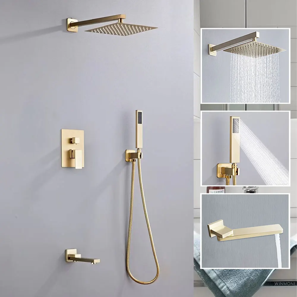 Brushed Gold Shower Faucet Wall Mounted Shower System Brass Rainfall Embedded Bathroom Mixer Shower Set with Rotatable Tub Spout